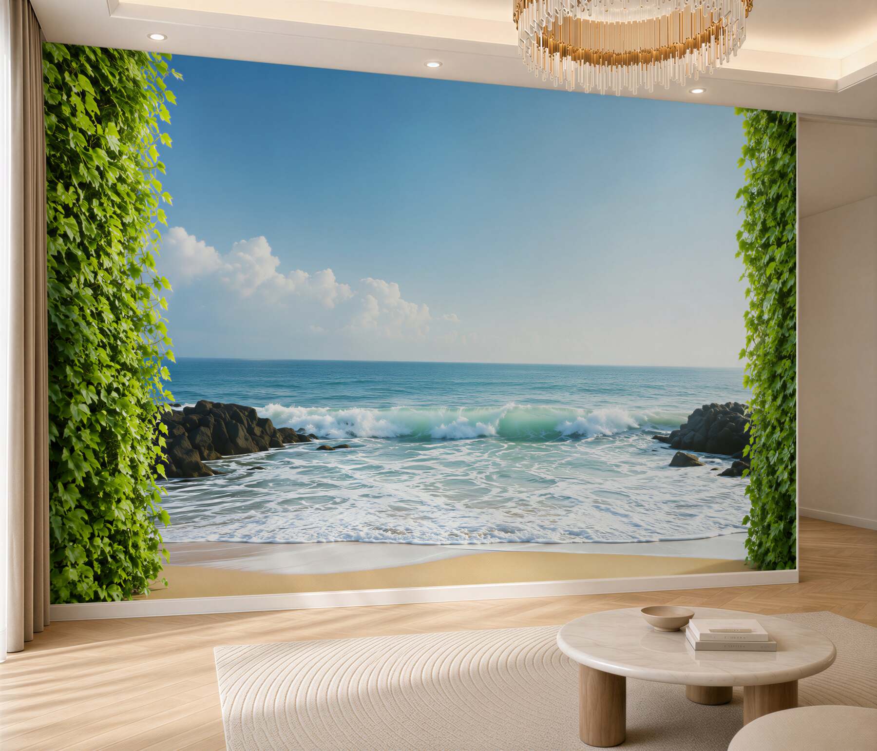 Fotobehang elegante groene balkon met toegang tot de kust