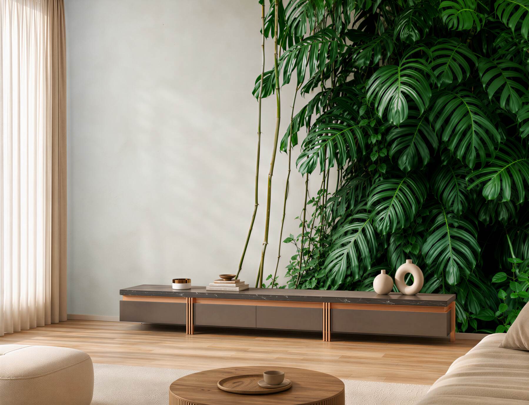 Fotobehang dichte bladeren van groene monstera