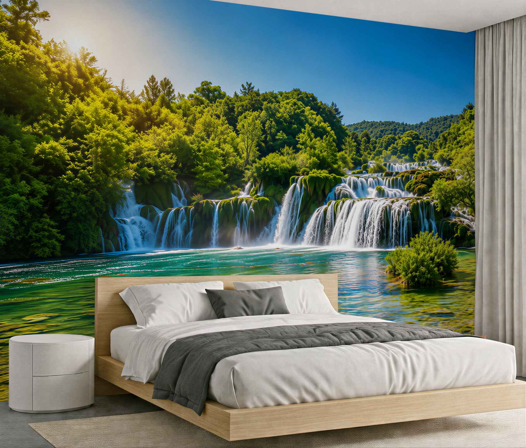 Fotobehang bulderend water van een waterval bij zonsondergang