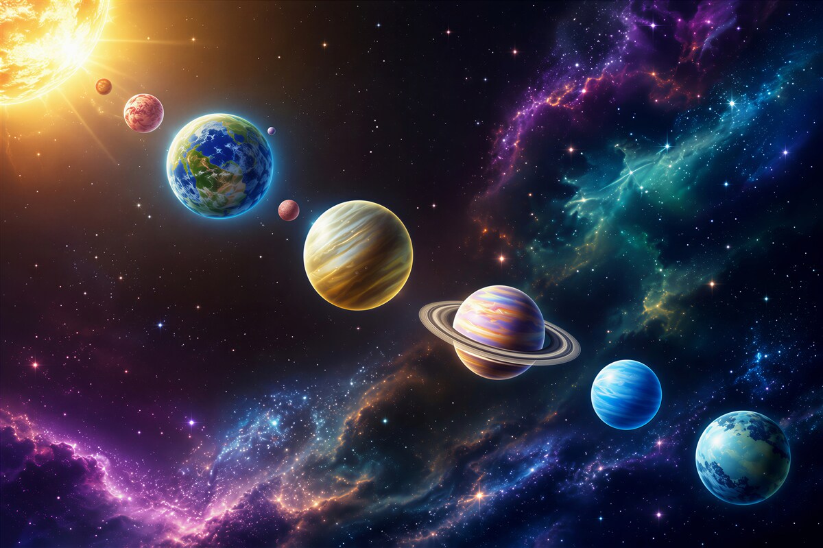 Fotobehang planeten in de ruimte op één lijn