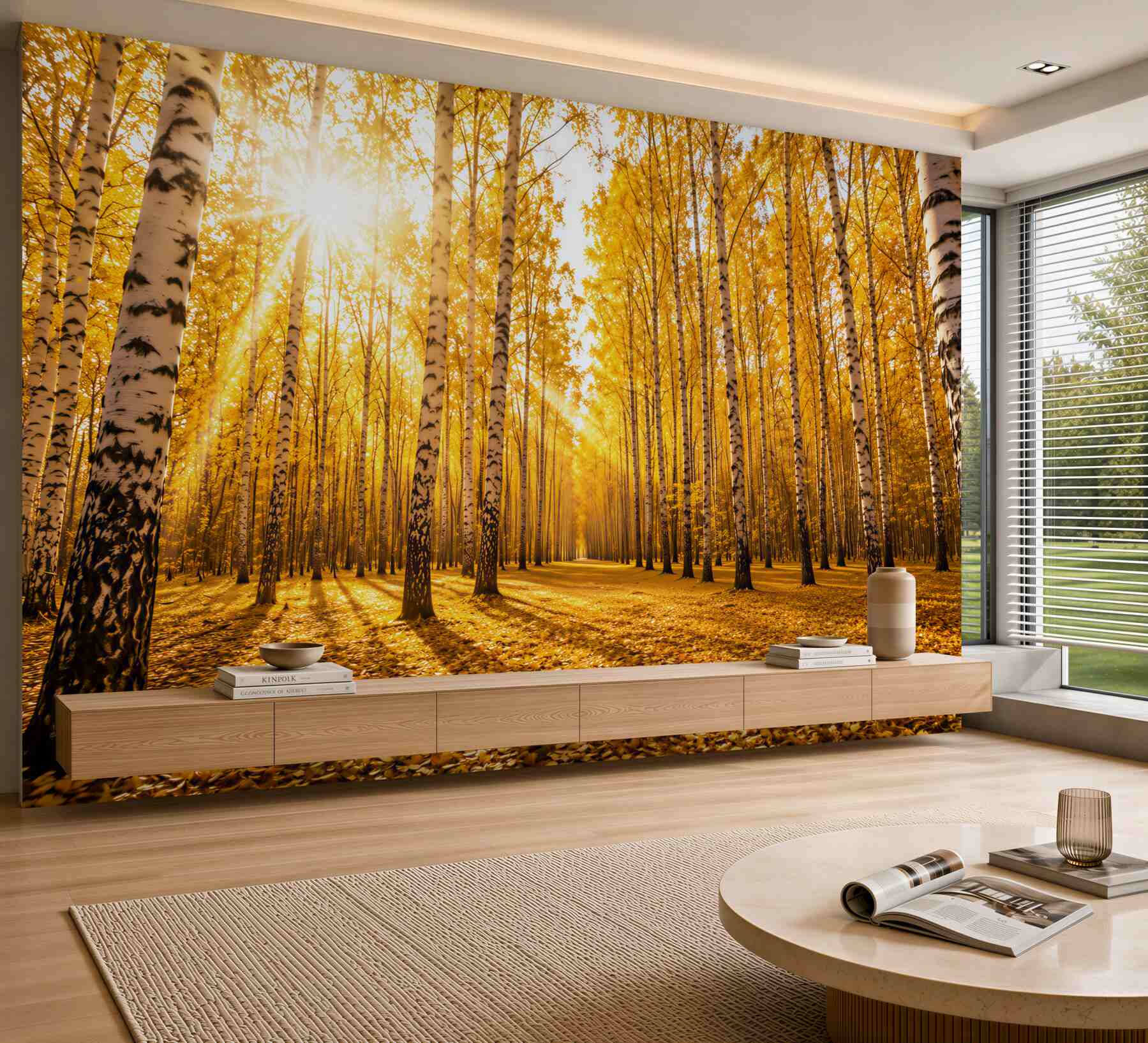 Fotobehang heldere zonsopgang in het herfstbos