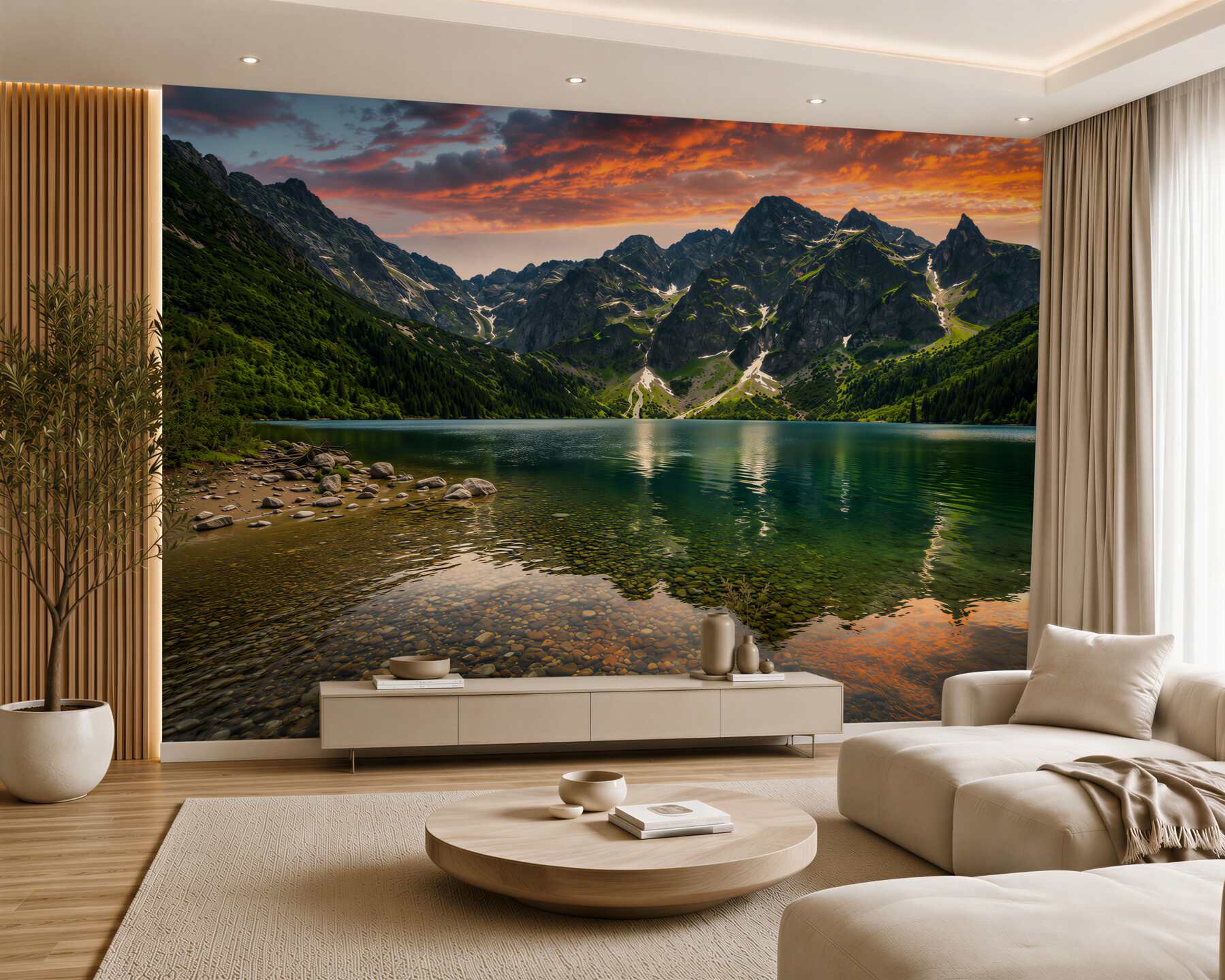Fotobehang warme, rustige zonsondergang en bergmeer