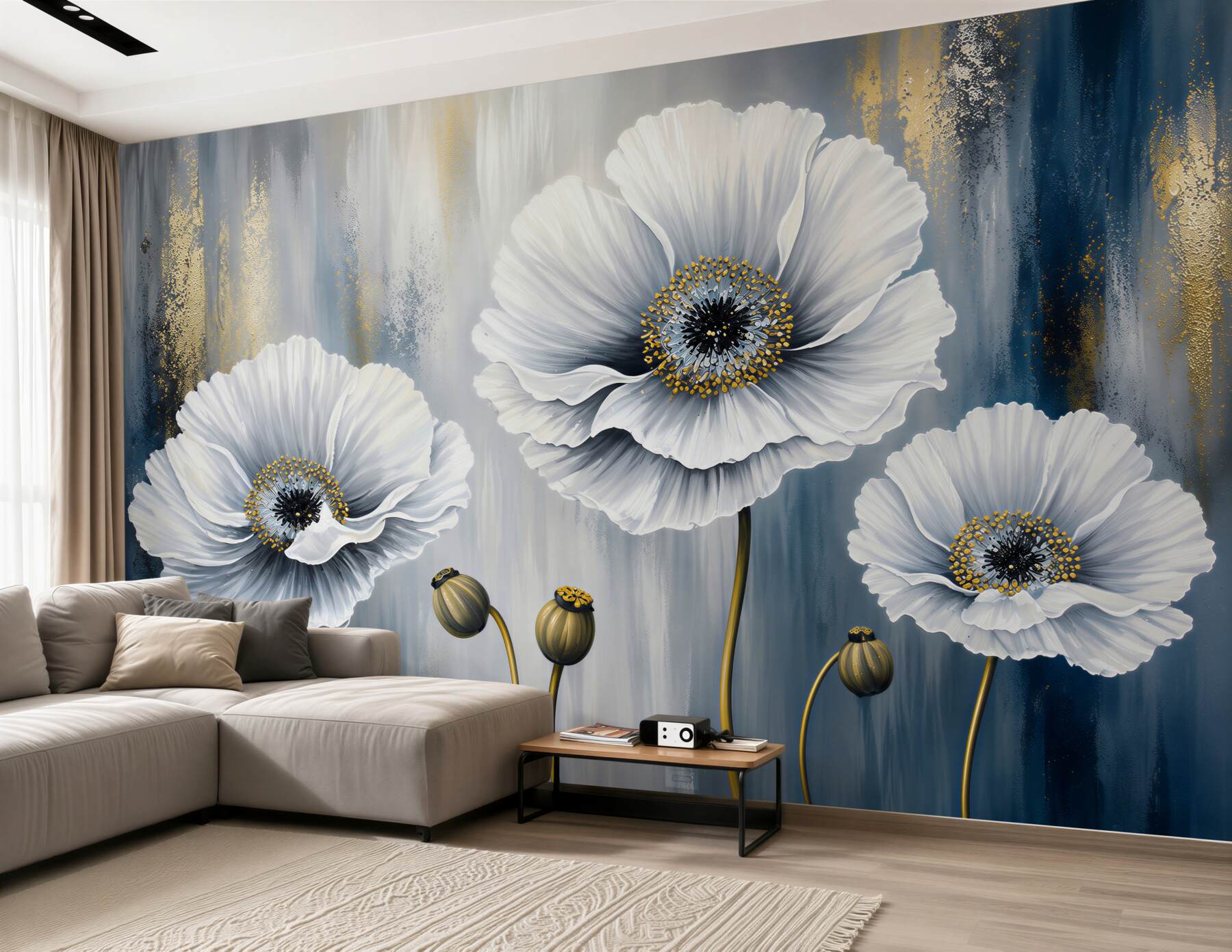 Fotobehang bloeiende witte klaprozen