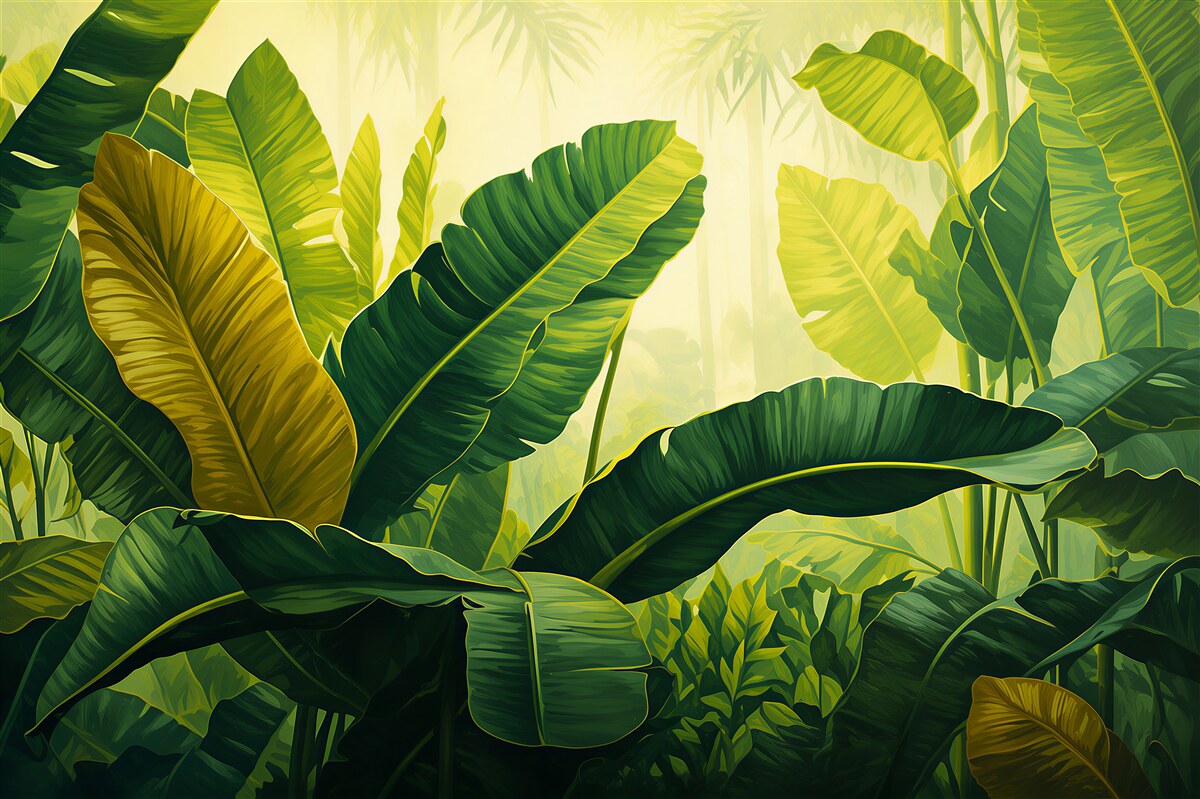 Fotobehang grote, weelderige groene bladeren van de jungle