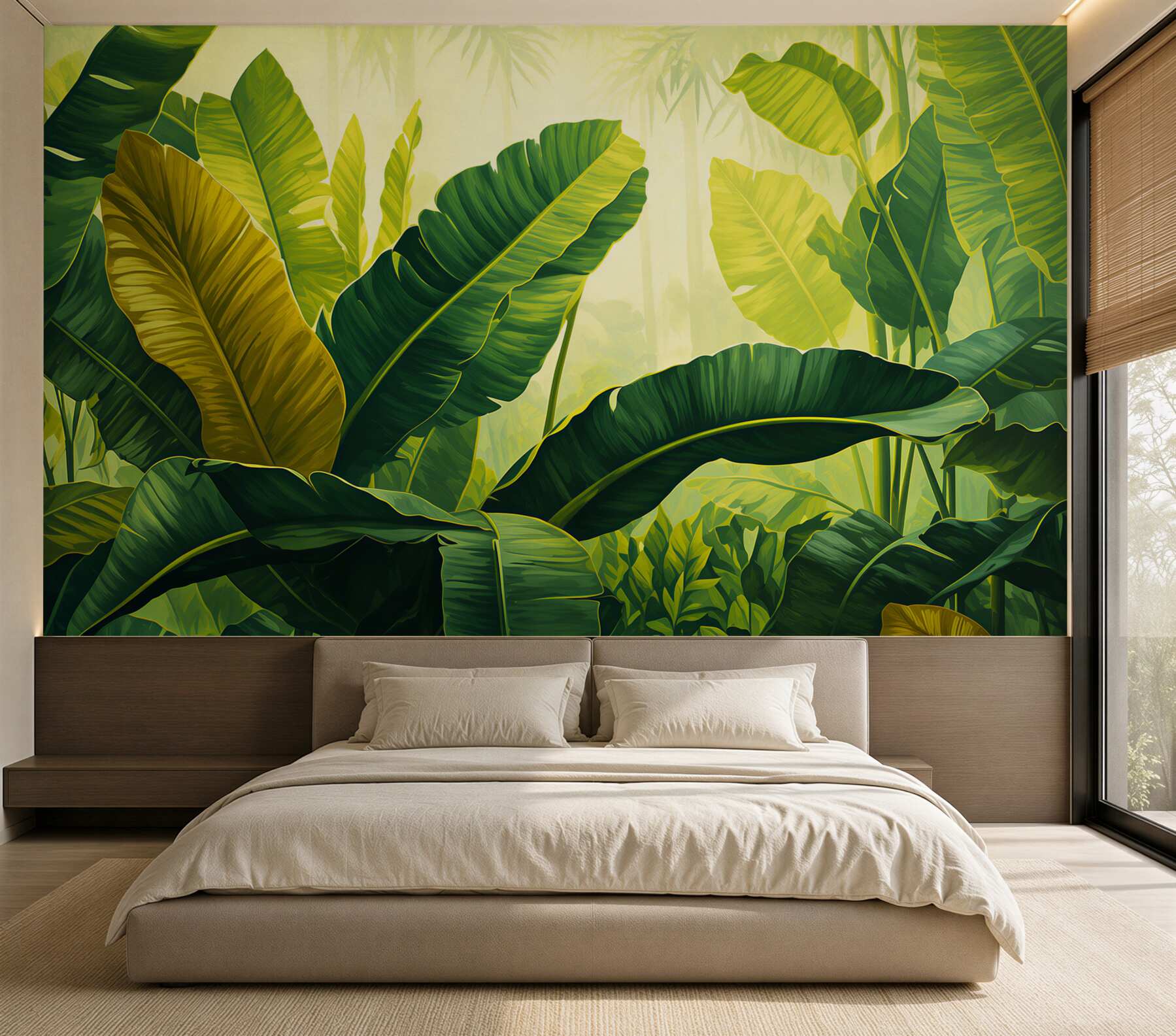 Fotobehang grote, weelderige groene bladeren van de jungle