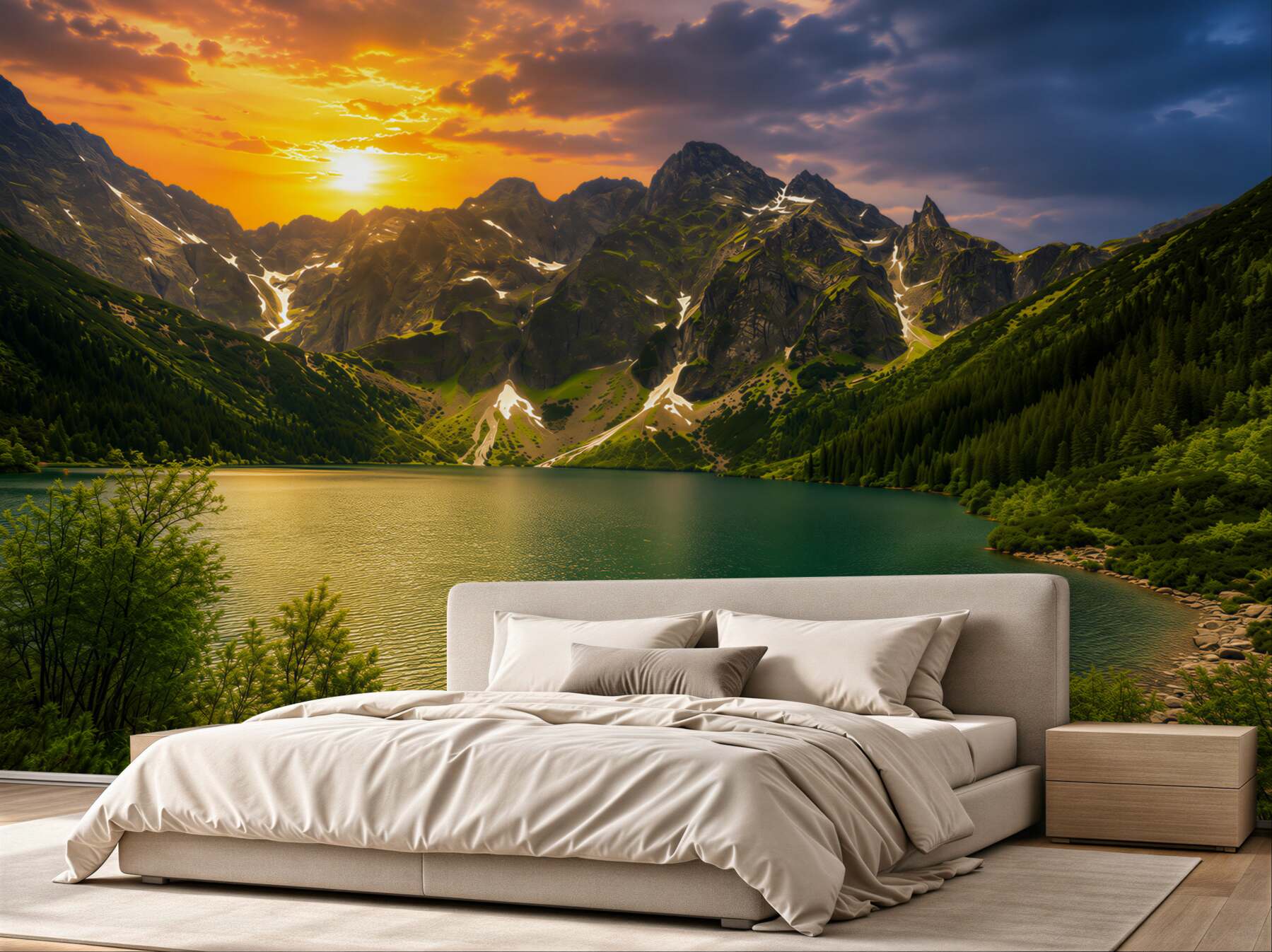 Fotobehang heldere zonsondergang achter rotsachtige bergen boven een meer