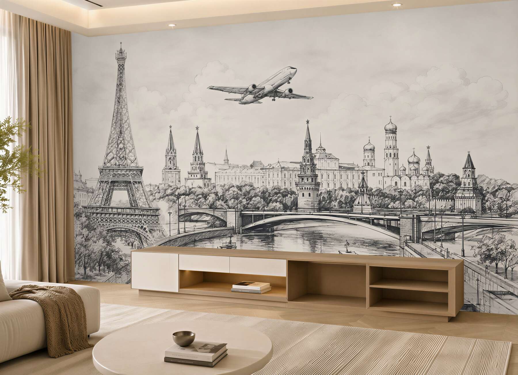 Fotobehang zwart-witte stad op witte baksteen