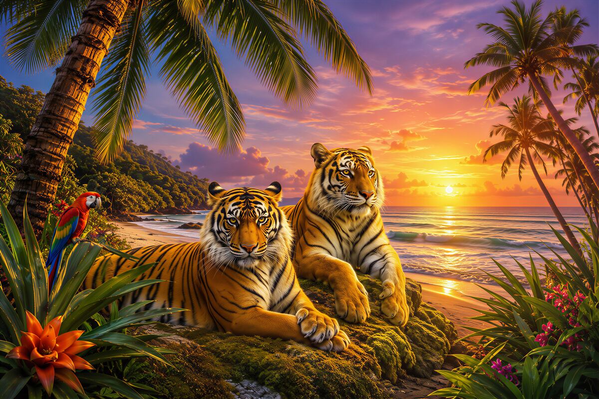 Fotobehang meerdere tijgers bij een tropische zonsondergang