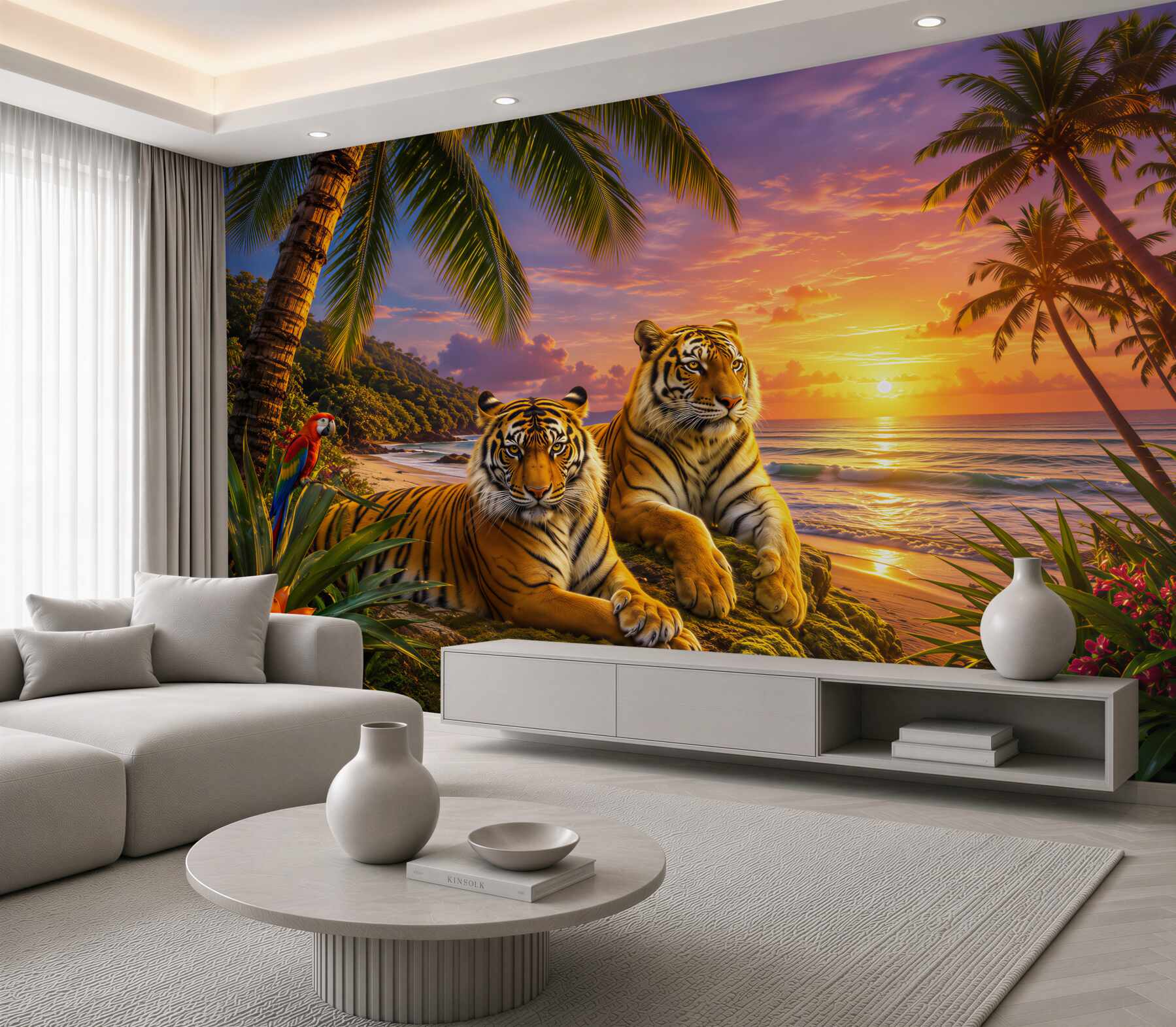 Fotobehang meerdere tijgers bij een tropische zonsondergang