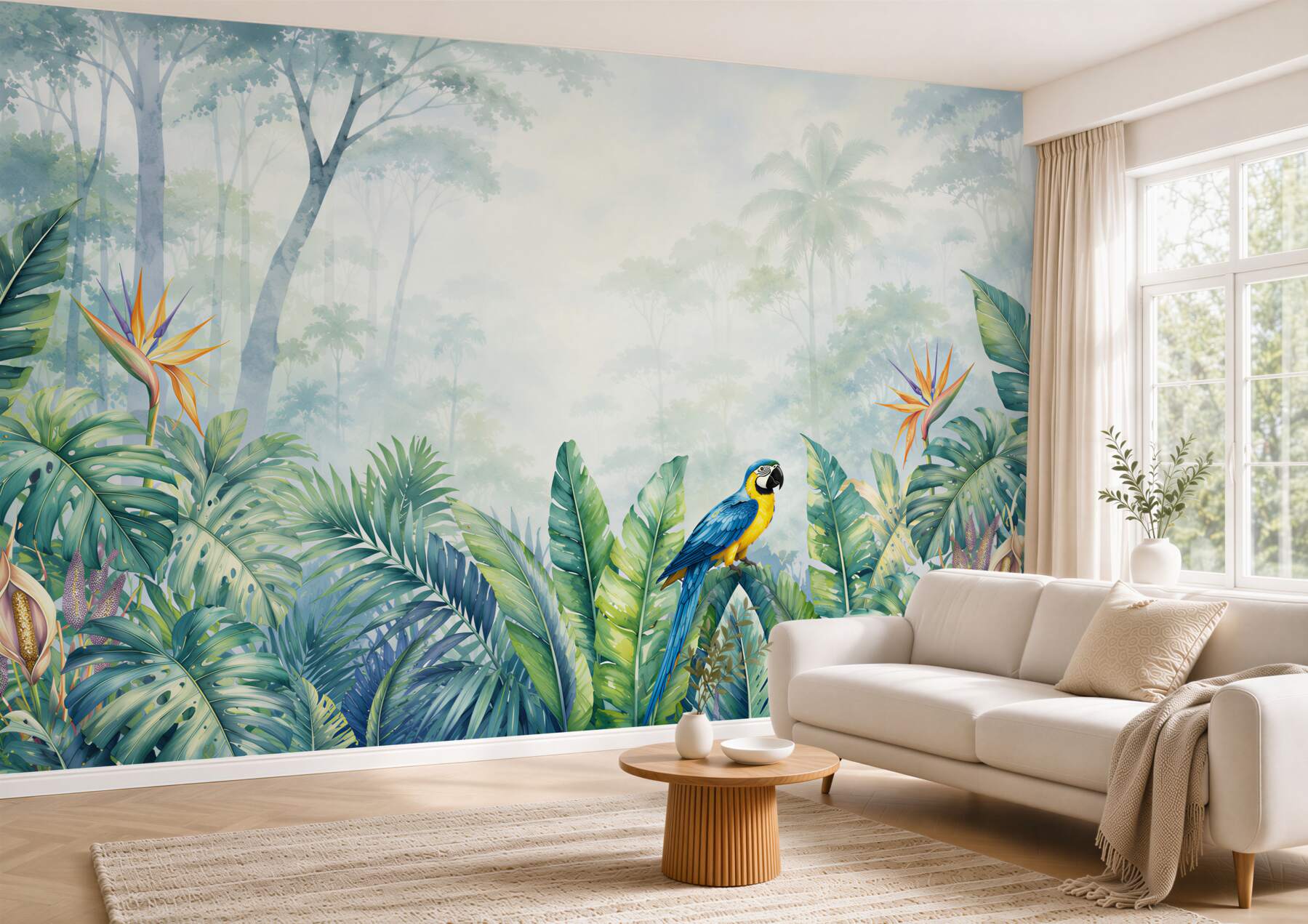 Fotobehang papegaai rustend op palmbladeren