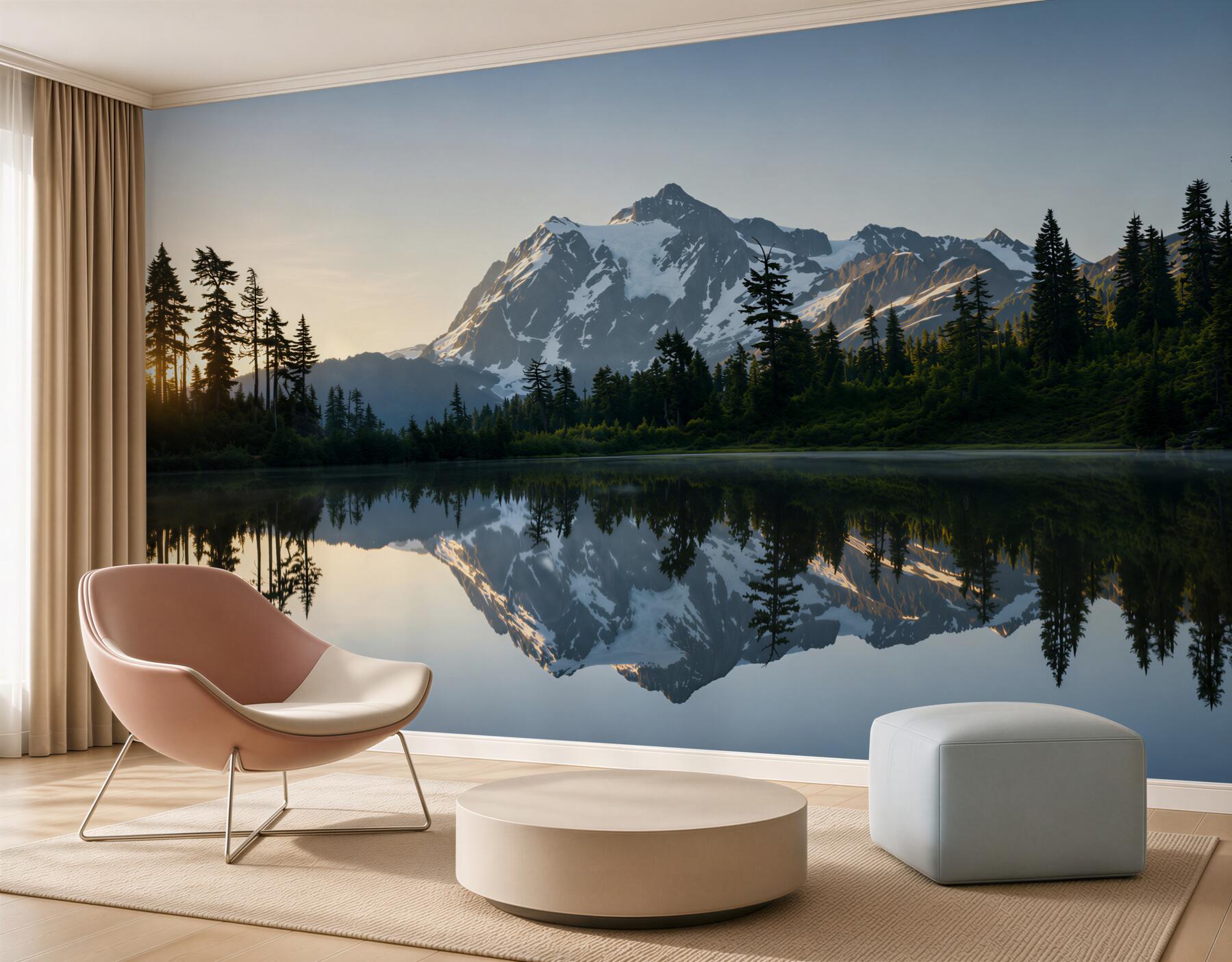 Fotobehang ongelooflijk bos en bergen in de weerspiegeling van kristalhelder water