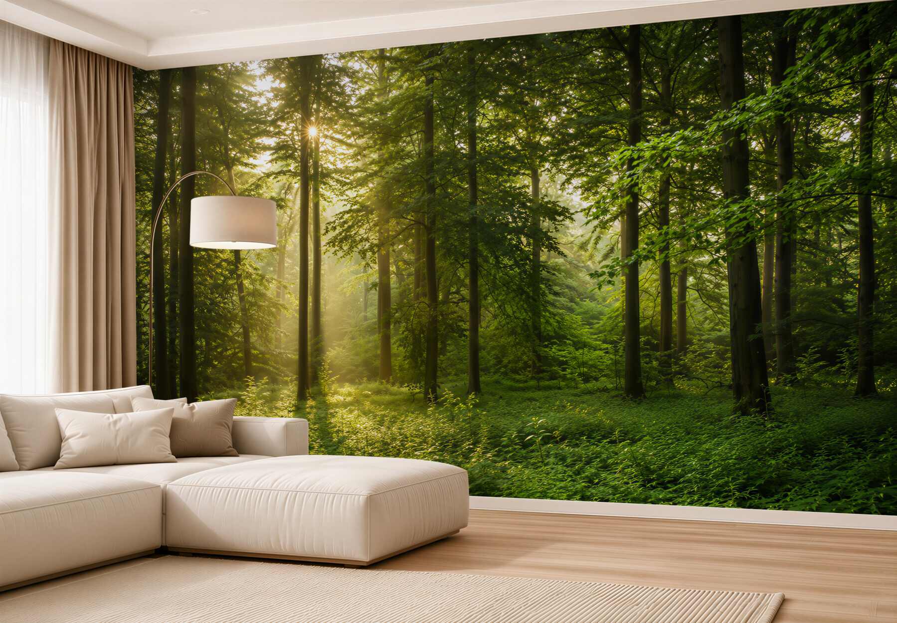 Fotobehang ochtendstralen die het bos doordringen