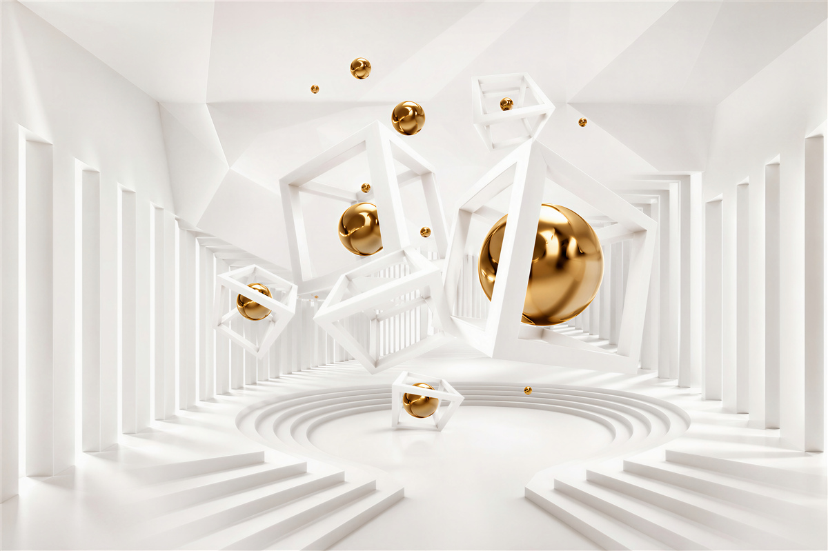 Fotobehang witte blokken en gouden ballen
