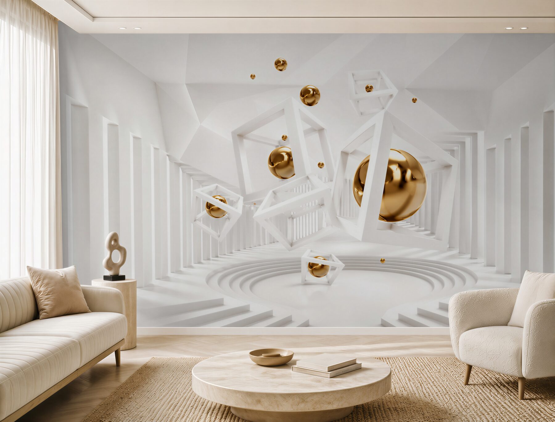 Fotobehang witte blokken en gouden ballen