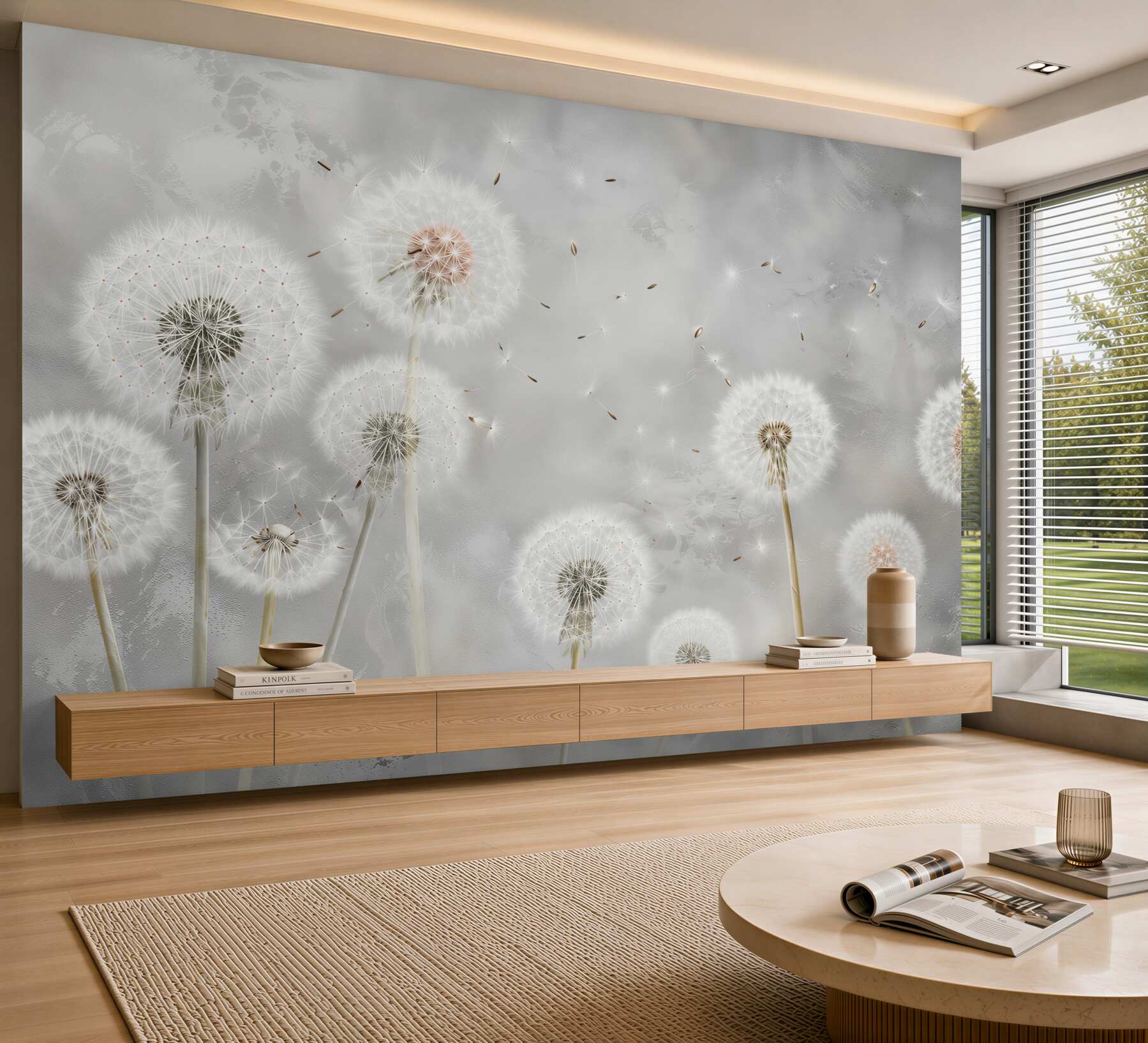 Fotobehang grote, vervaagde paardenbloemen