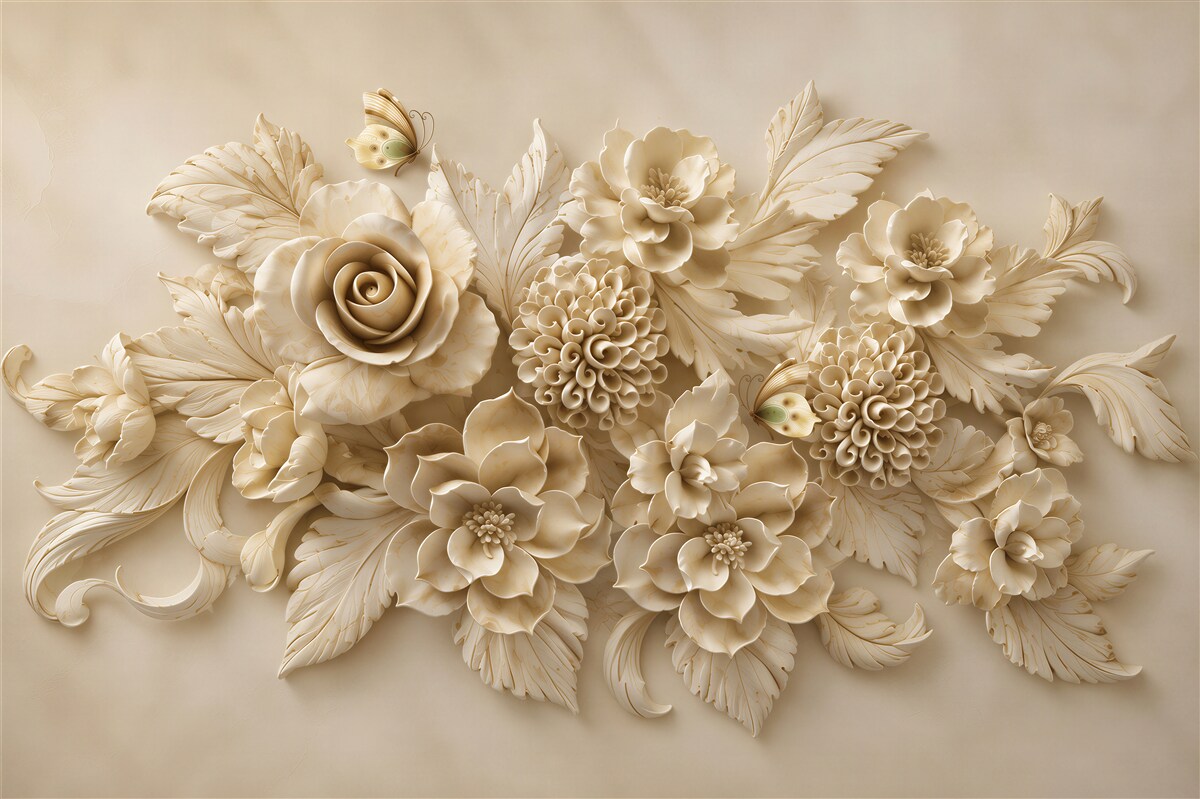 Fotobehang compositie van grote crèmekleurige bloemen