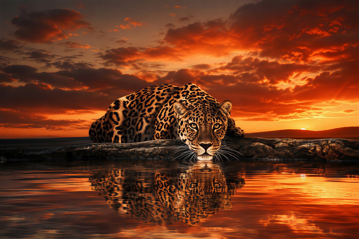 Fotobehang cheeta bij zonsondergang boven water