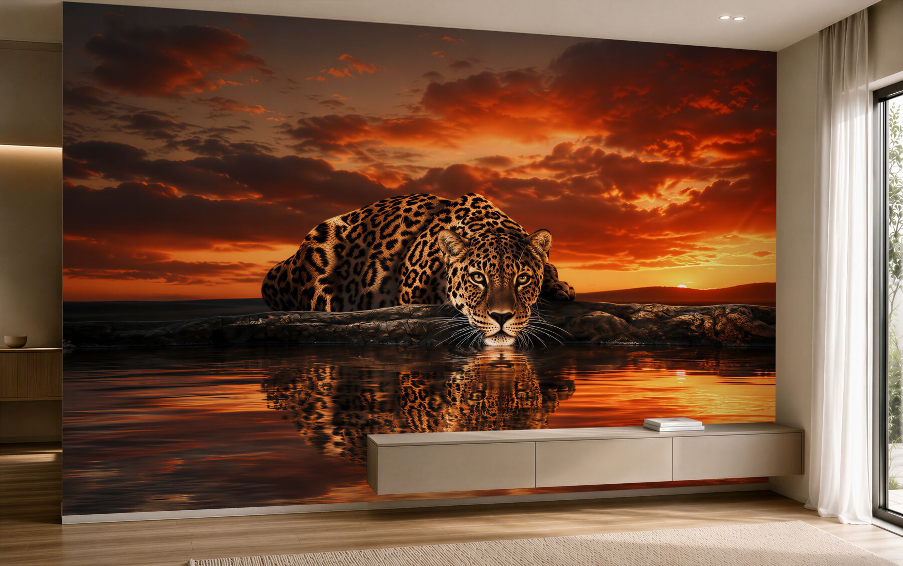 Fotobehang cheeta bij zonsondergang boven water
