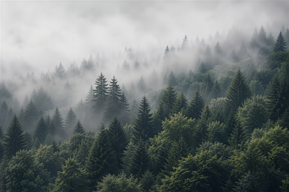 Fotobehang luchtfoto van een bos in de mist
