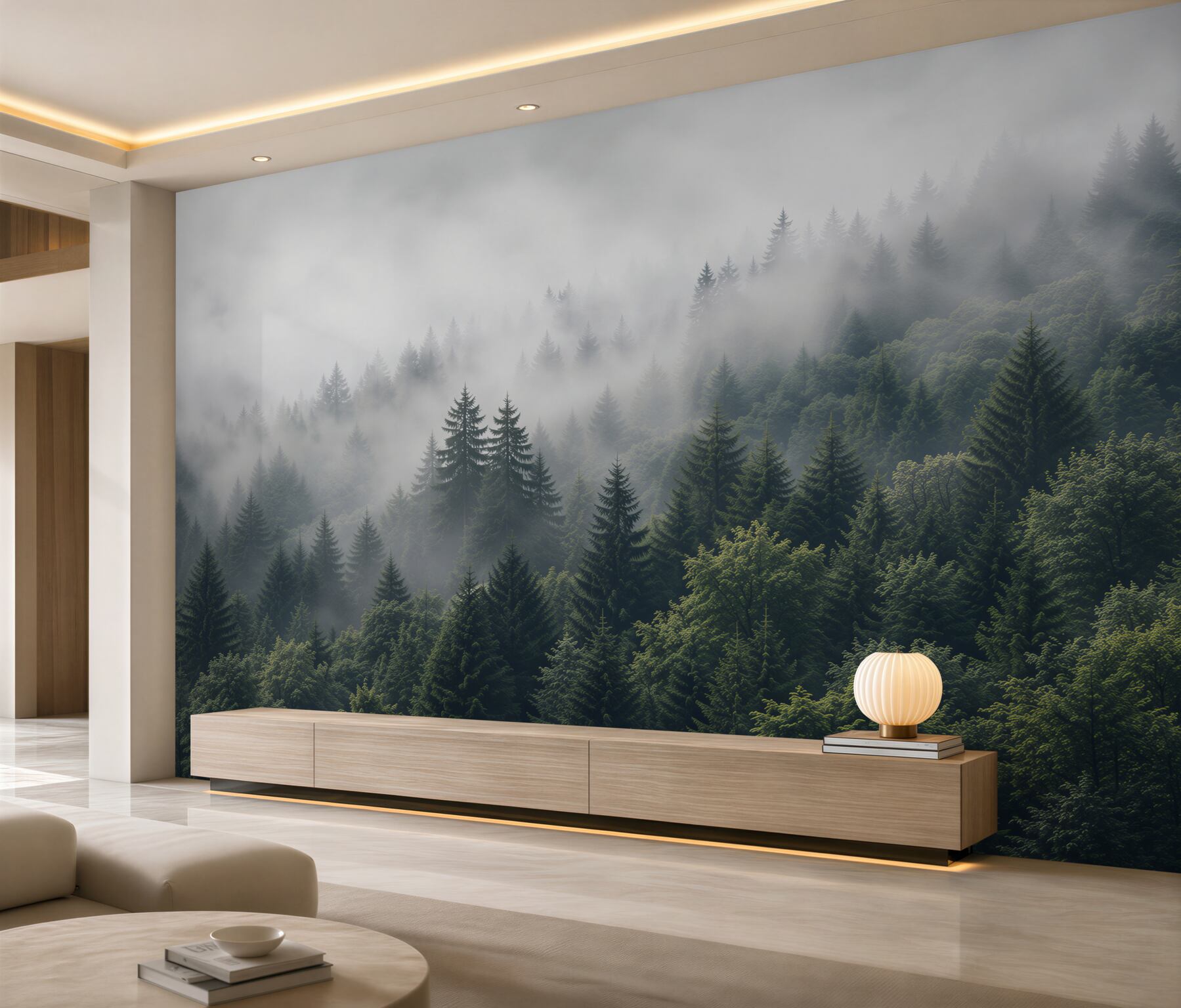 Fotobehang luchtfoto van een bos in de mist