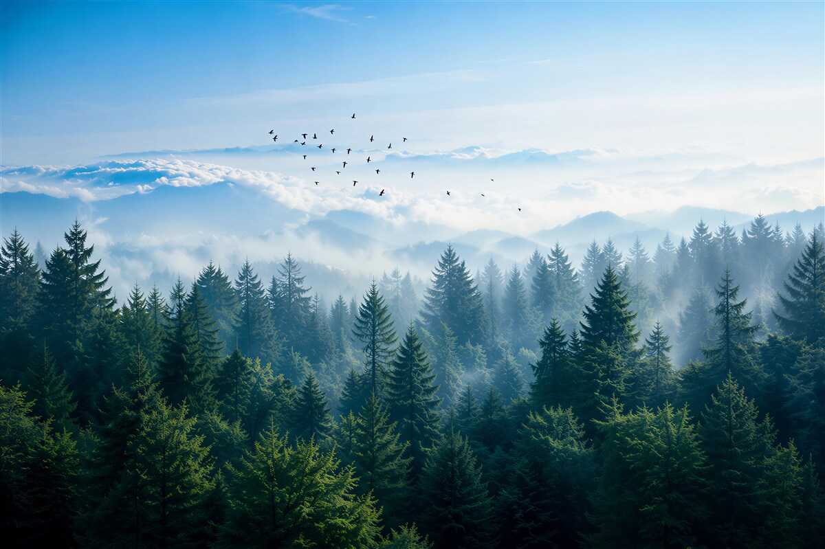 Fotobehang vogels die boven de boomtoppen van het bos cirkelen
