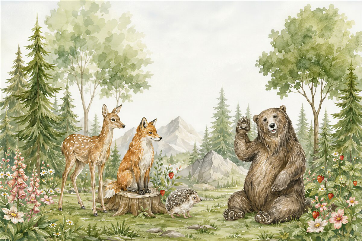 Fotobehang beer, hert en vos in het bos