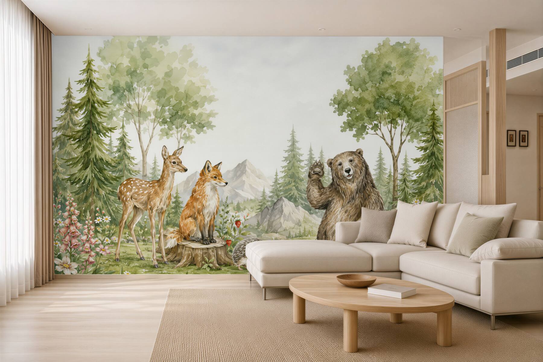 Fotobehang beer, hert en vos in het bos