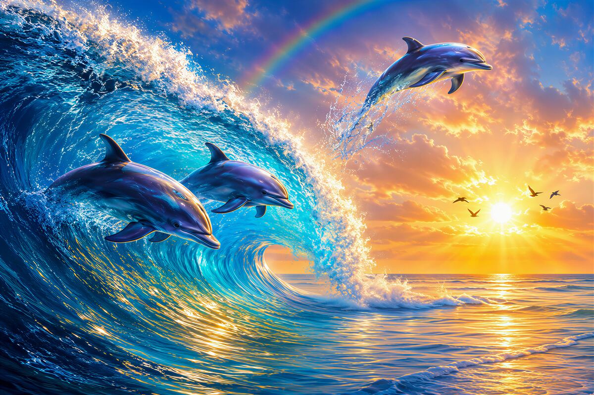 Fotobehang dolfijnen die uit het water springen bij zonsondergang