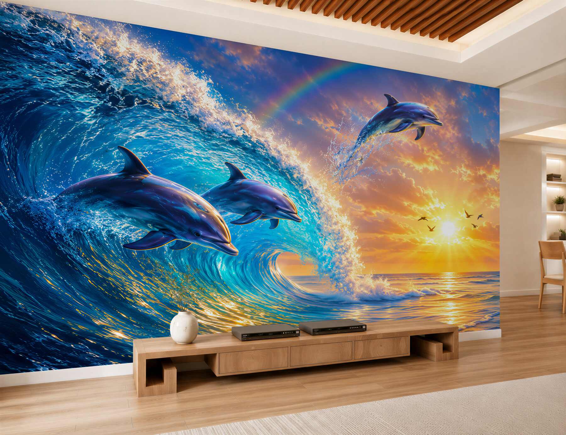 Fotobehang dolfijnen die uit het water springen bij zonsondergang