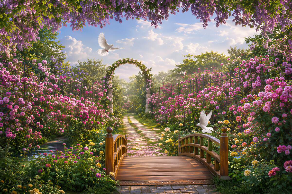 Fotobehang zomertunnel van licht gemaakt van verse bloemen