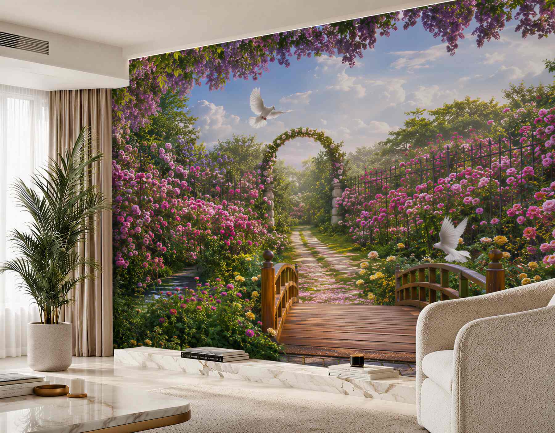 Fotobehang zomertunnel van licht gemaakt van verse bloemen
