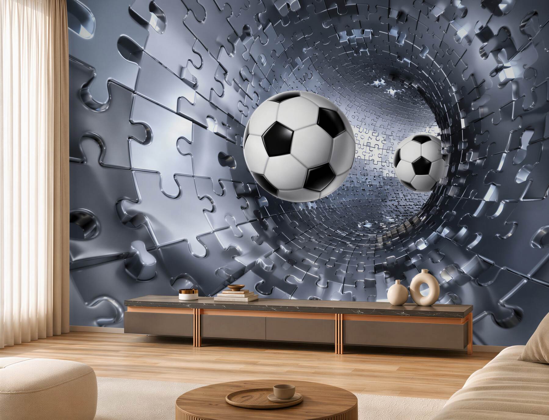 Fotobehang voetbal in een wervelwind van mozaïekstukken