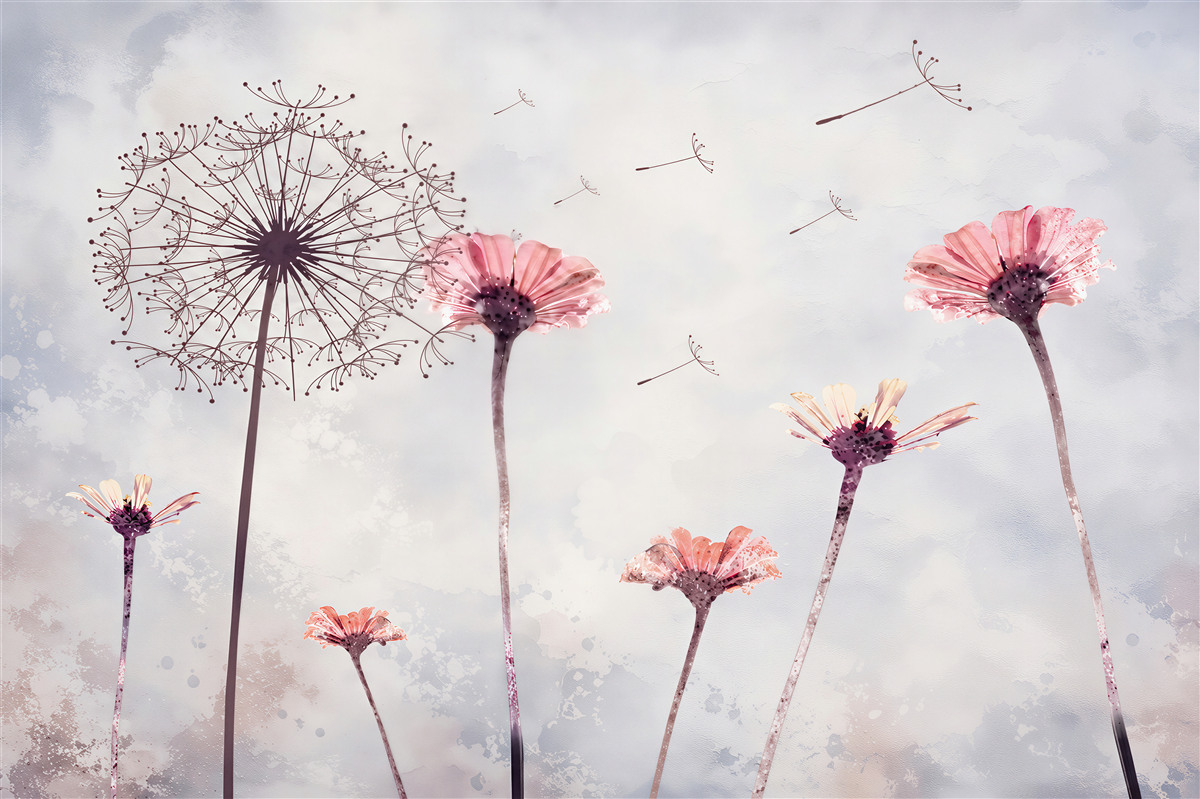 Fotobehang gerbera's en klaprozen bij harde wind