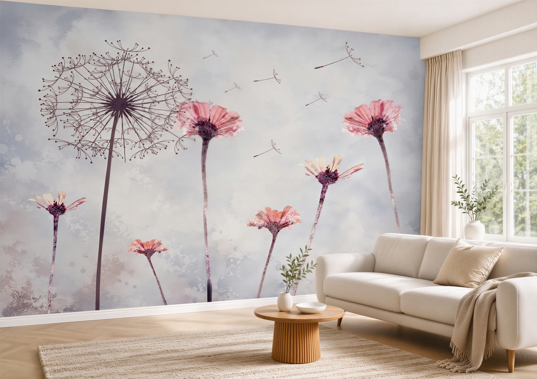 Fotobehang gerbera's en klaprozen bij harde wind