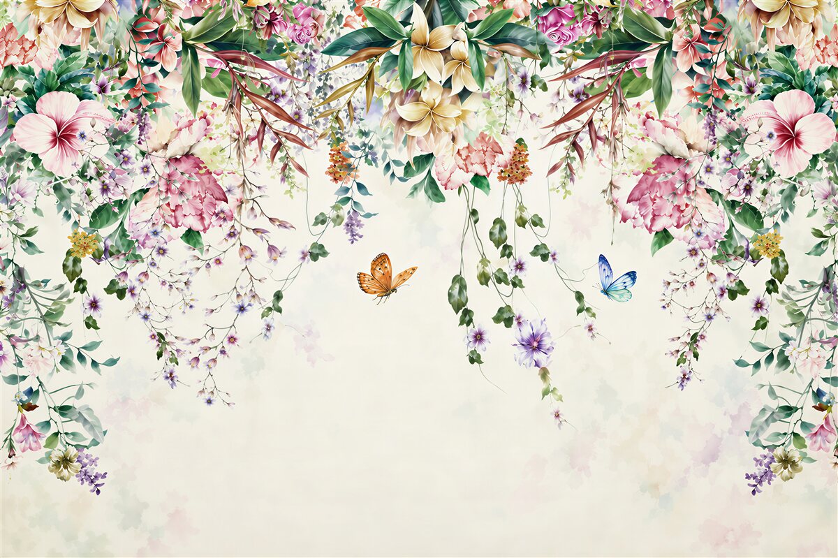 Fotobehang zomertuin met bloeiende bloemen naar beneden