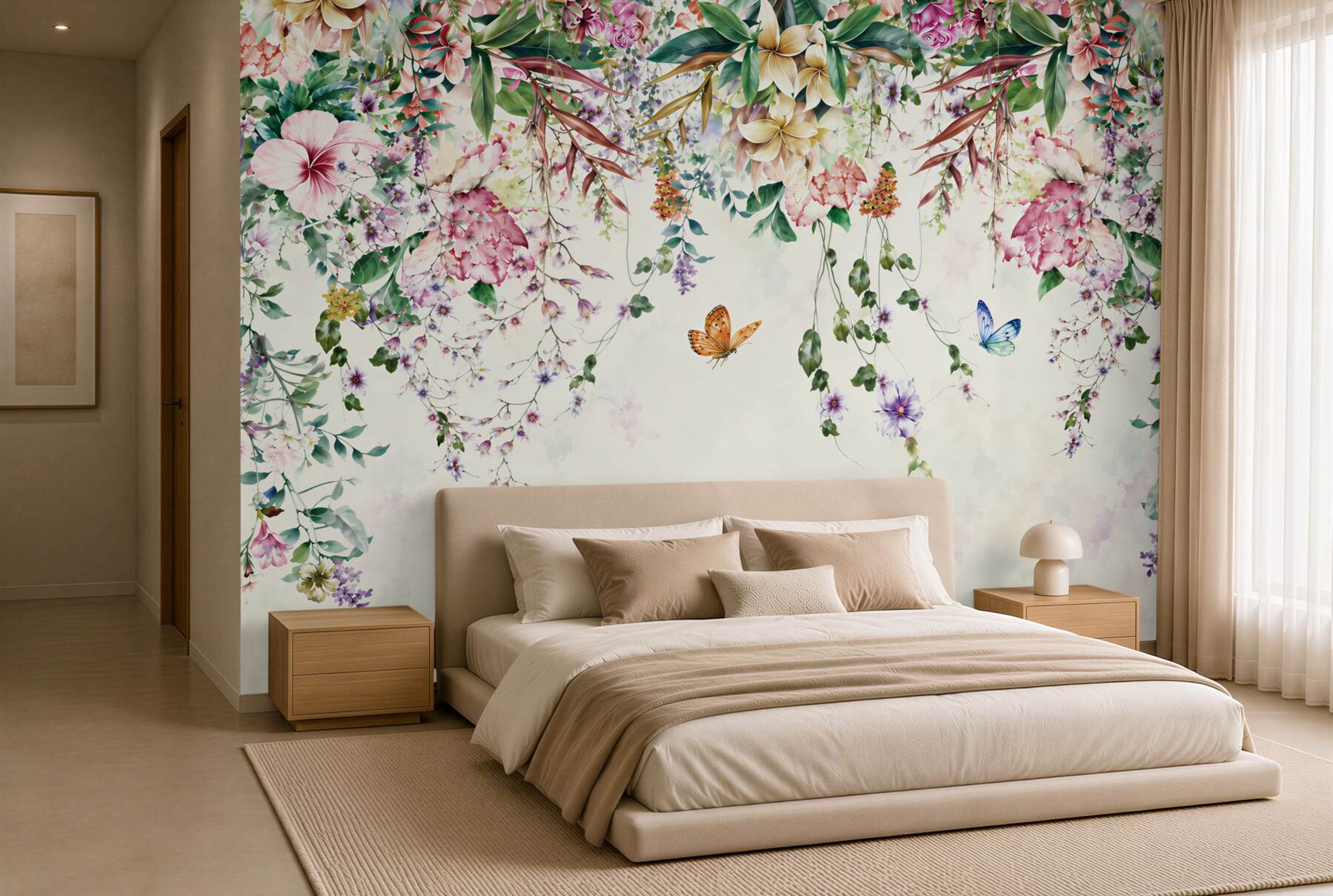 Fotobehang zomertuin met bloeiende bloemen naar beneden