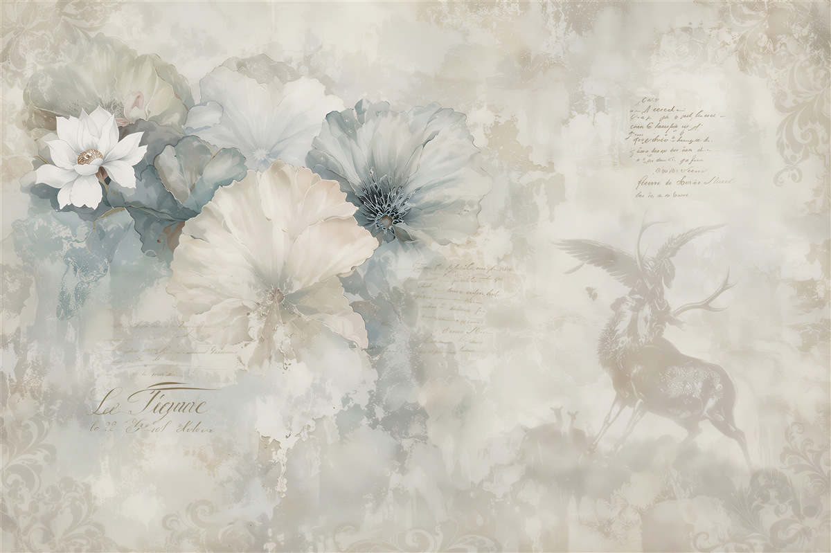 Fotobehang aquarel van een hert en blauwe bloemen