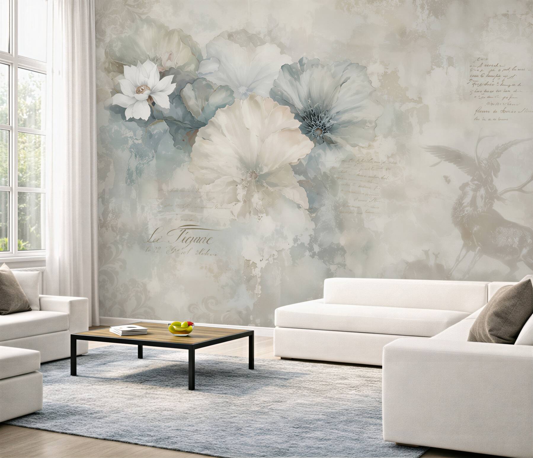 Fotobehang aquarel van een hert en blauwe bloemen