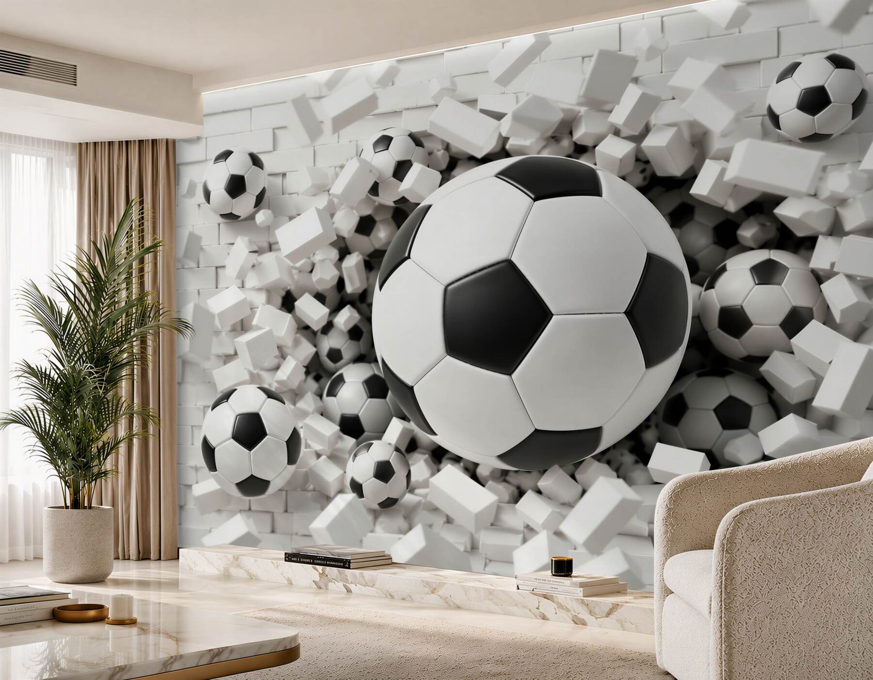 Fotobehang 3D Bal breekt de muur