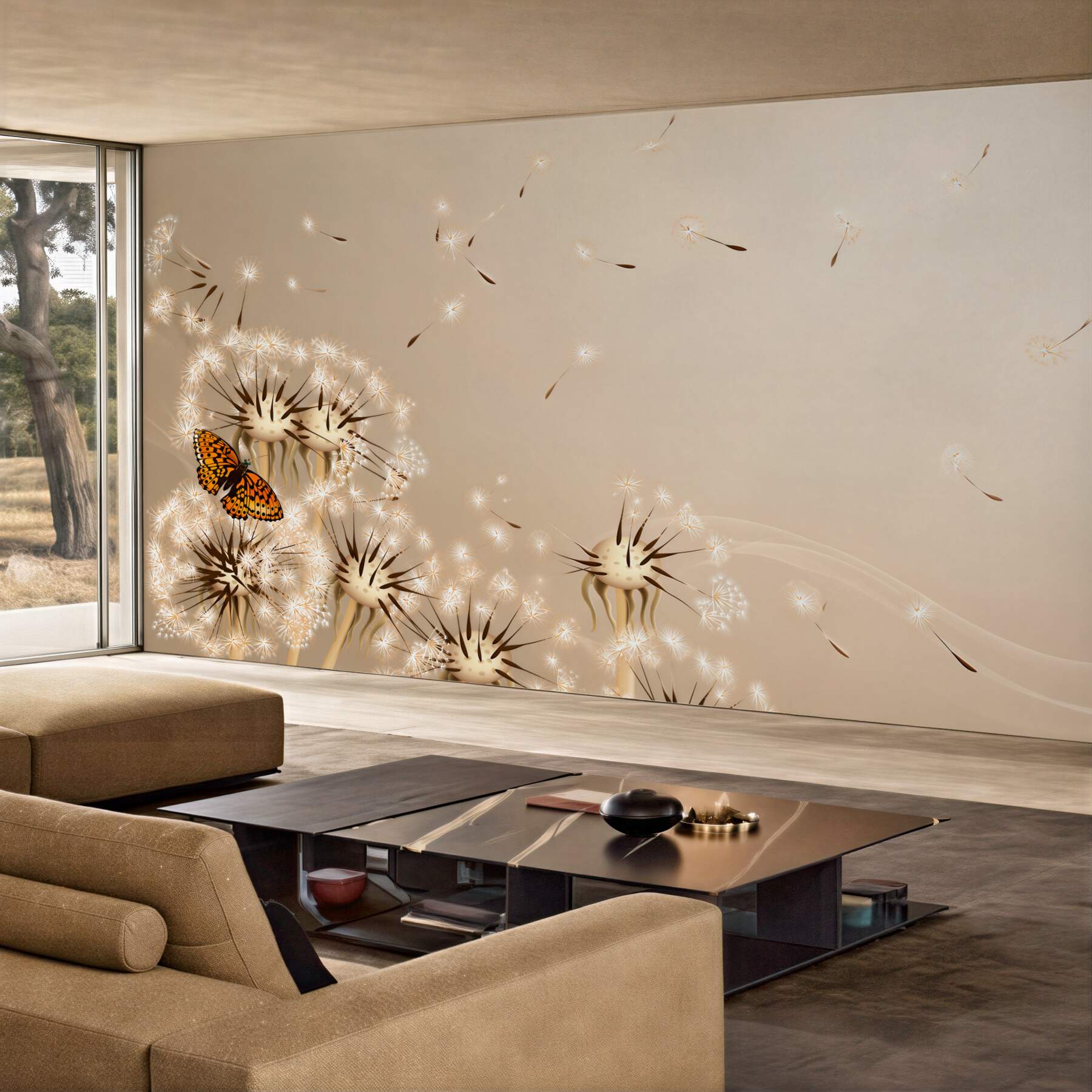 Fotobehang paardenbloem die in de wind vliegt