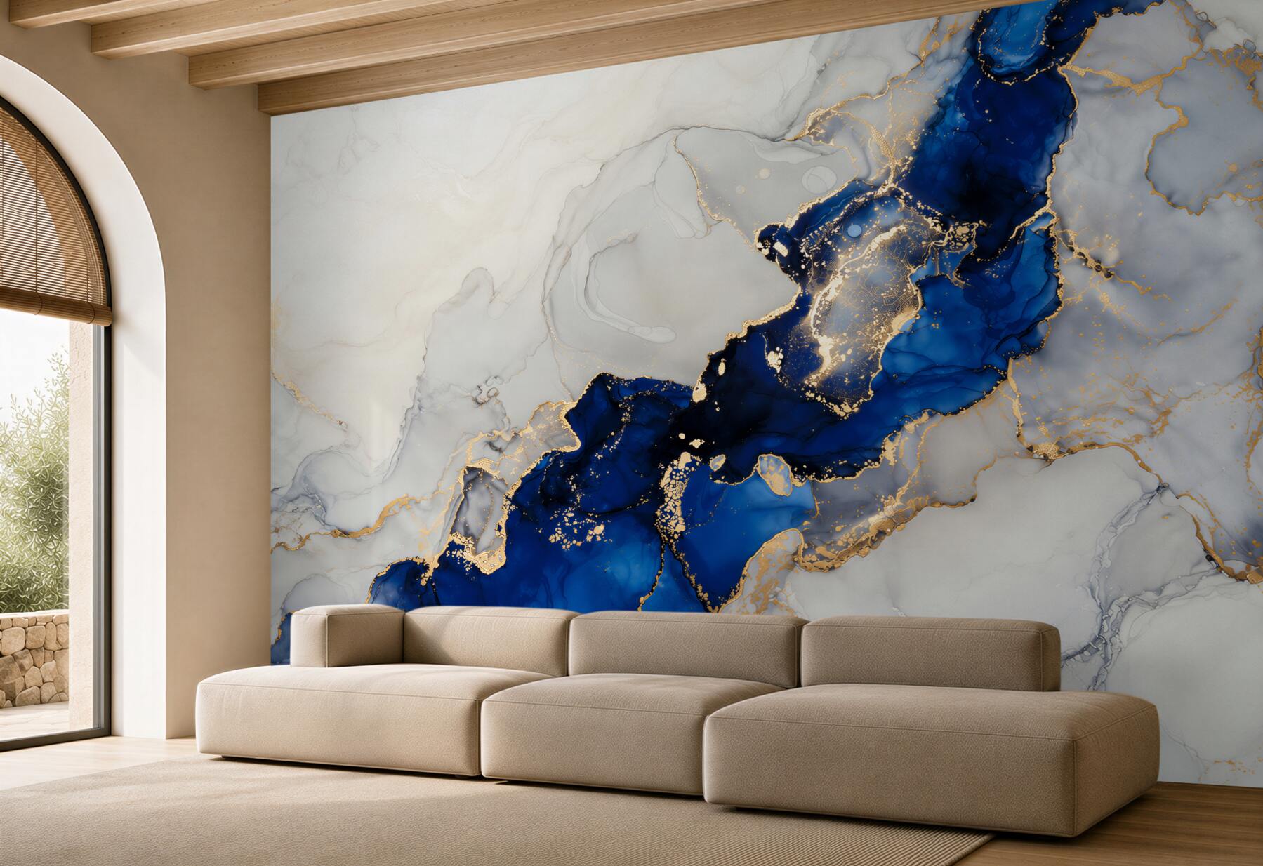 Fotobehang blauwe vlekken met gouden rand