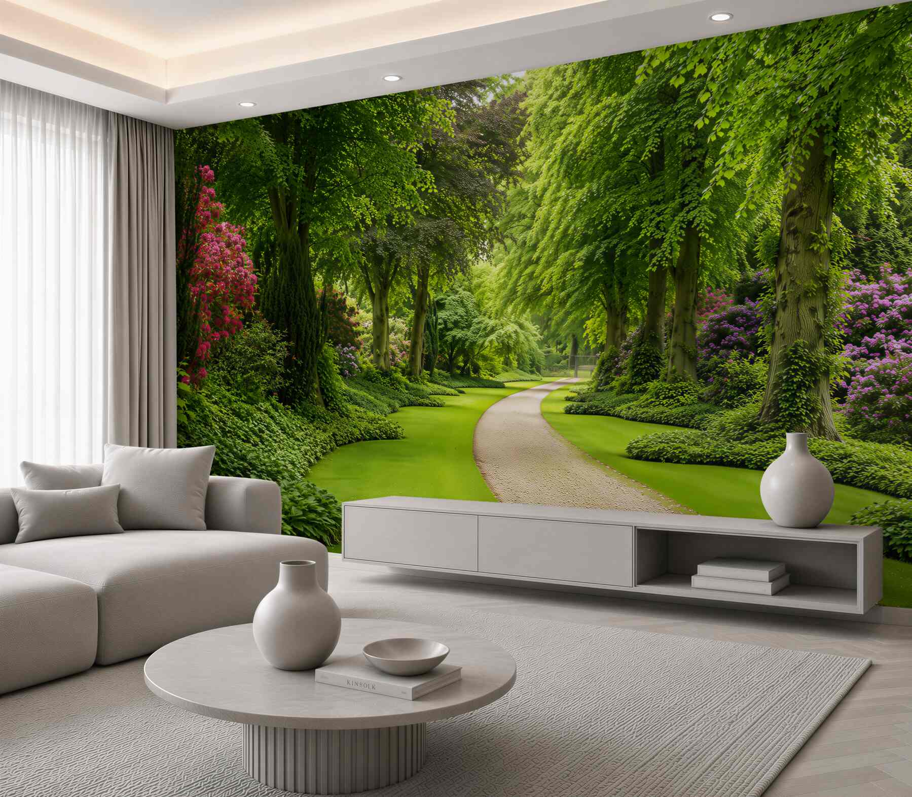 Fotobehang pad door een groene en slanke bos