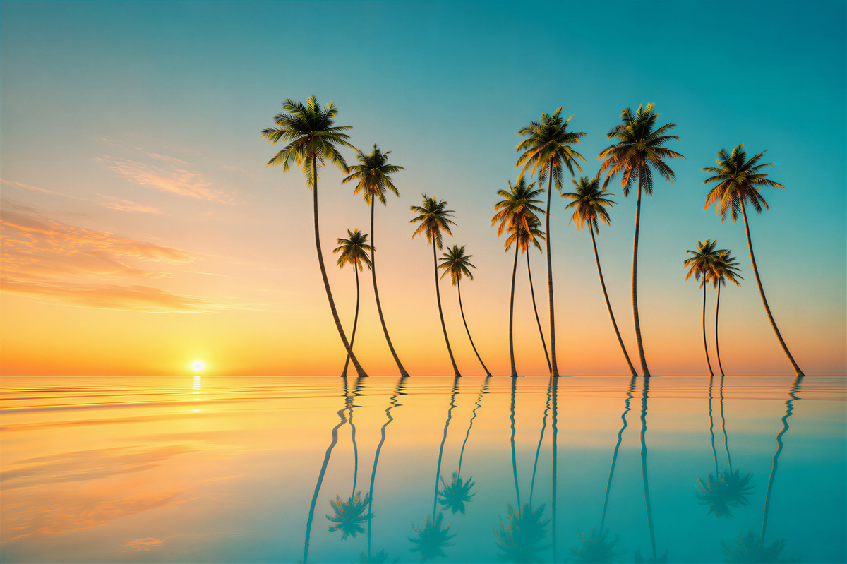 Fotobehang slanke palmen bij het zwembad tijdens zonsondergang