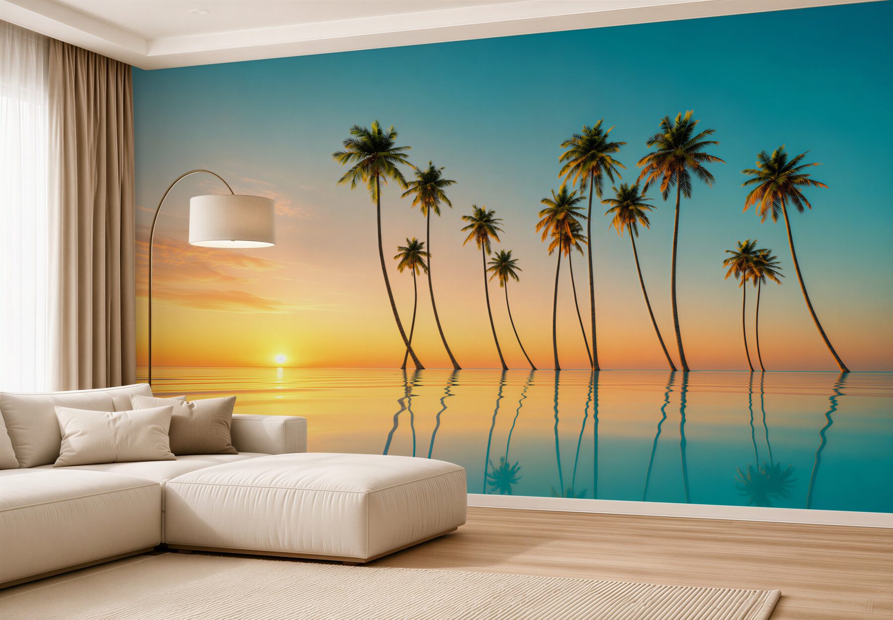 Fotobehang slanke palmen bij het zwembad tijdens zonsondergang