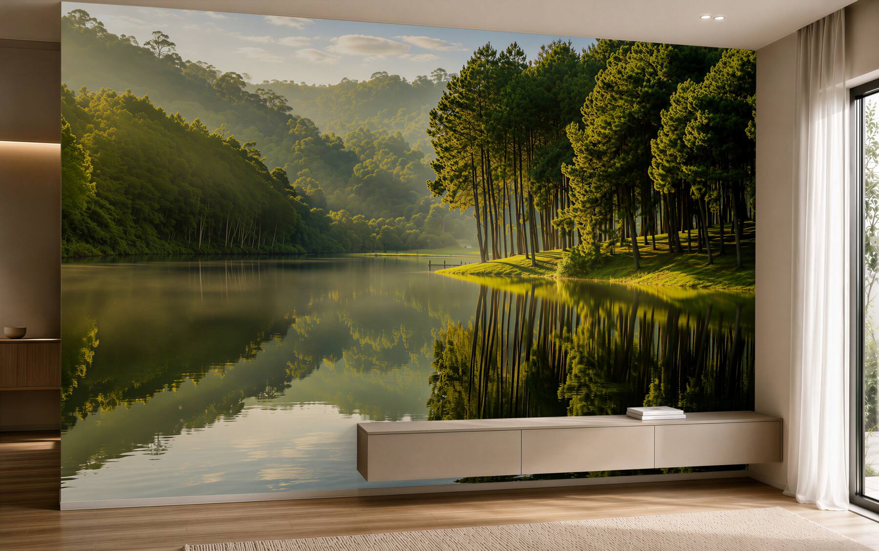 Fotobehang ochtendnevel die het bos binnendringt