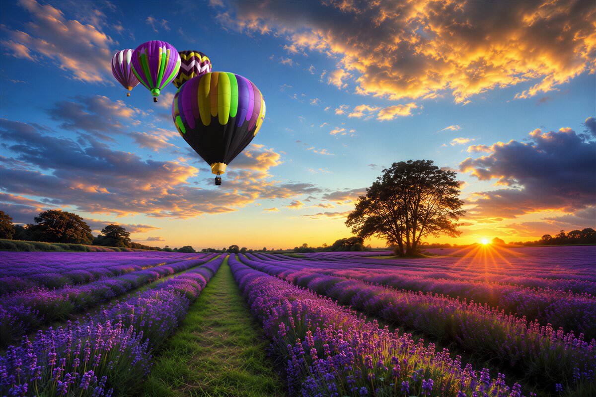 Fotobehang kleurrijke luchtballon die boven lavendel zweeft