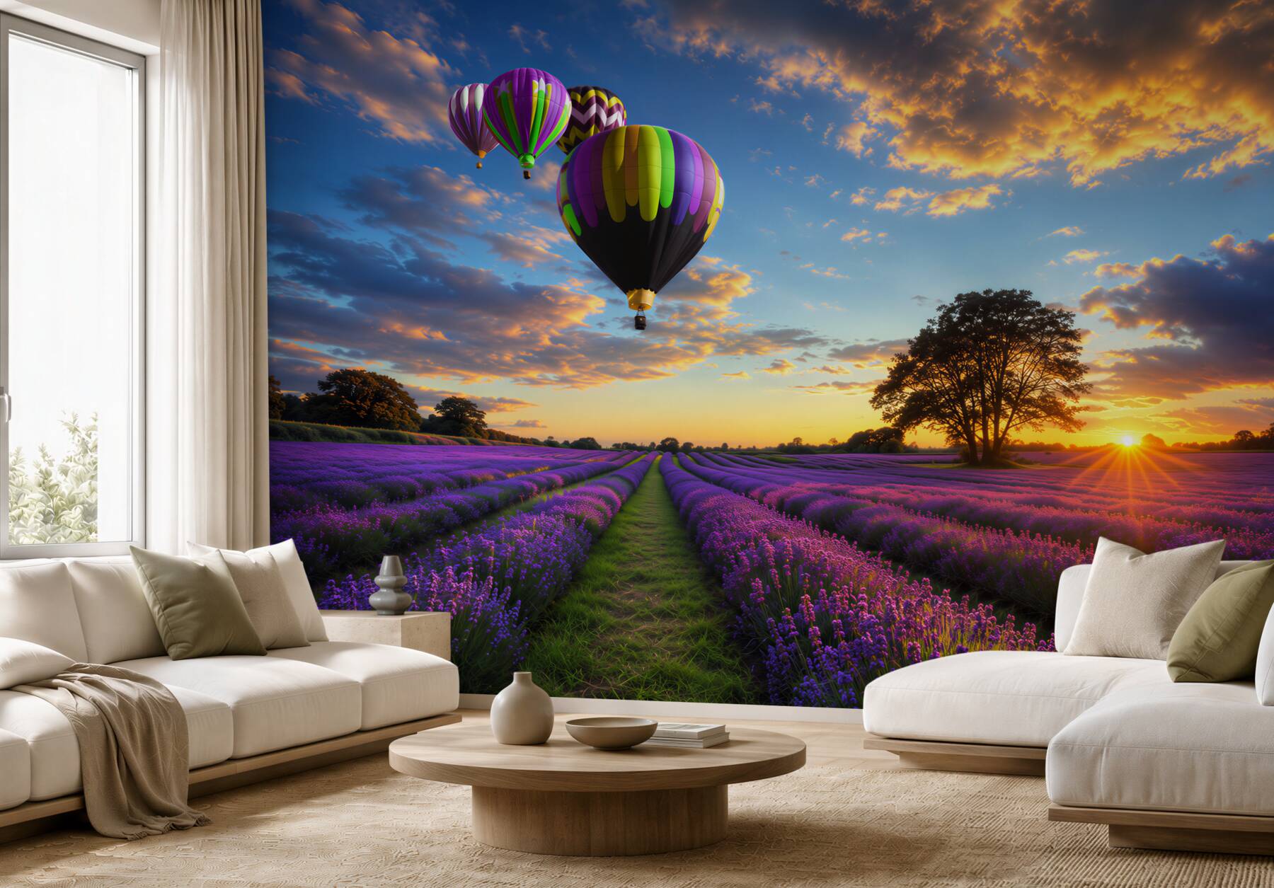 Fotobehang kleurrijke luchtballon die boven lavendel zweeft