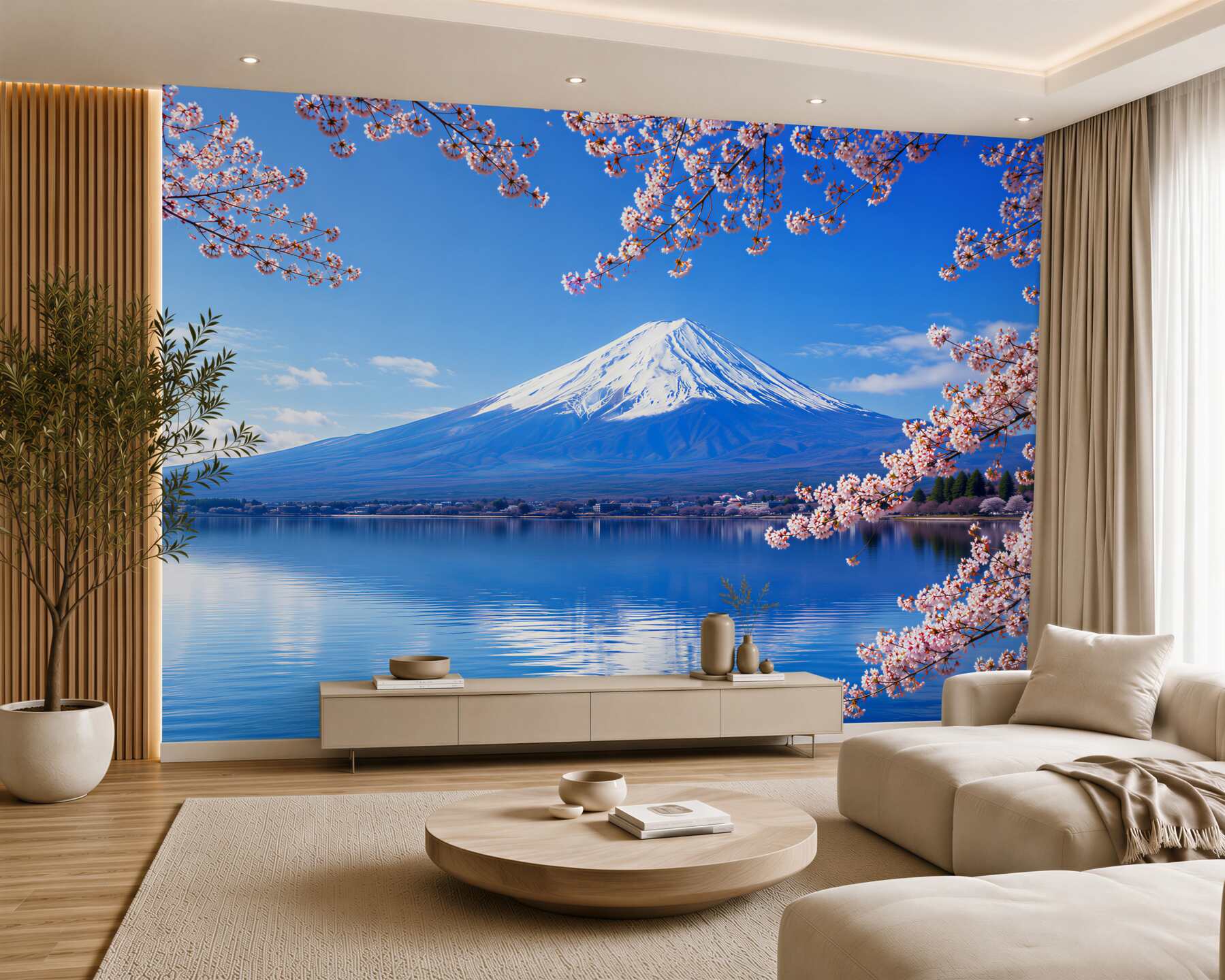 Fotobehang bloeiende kersenboom voor een meer en bergen