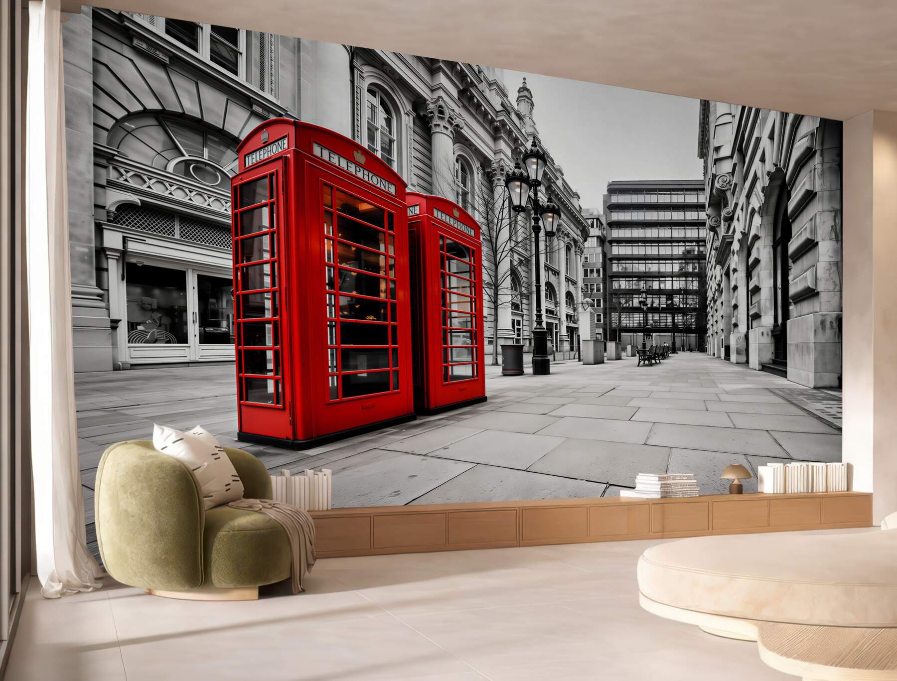 Fotobehang rode telefoonhokjes in een grijze stad