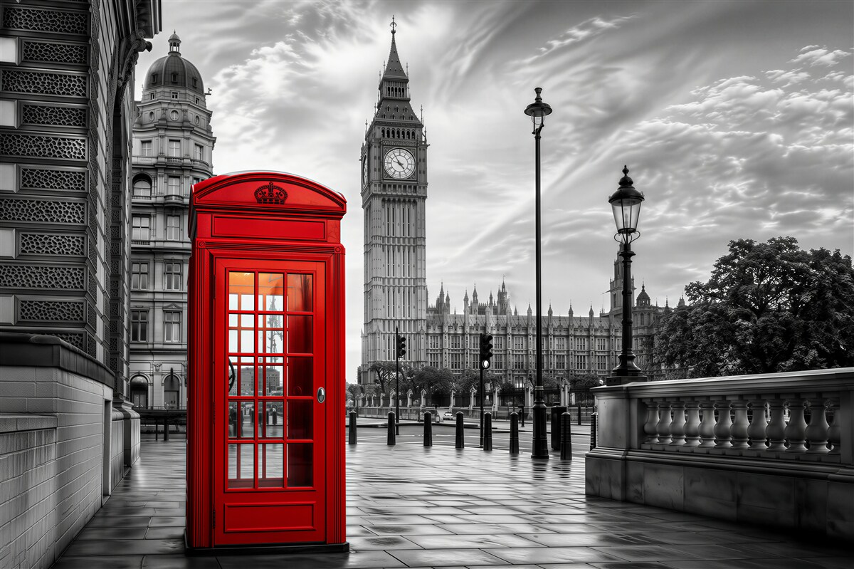 Fotobehang rode telefooncel in het midden naast Big Ben